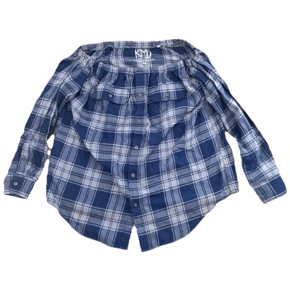 KMD Off-Shoulder Blue Plaid Button-Front Blouse